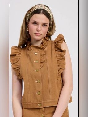 Jacqui E Ruffle Collar Button Vest – Camel/Tan